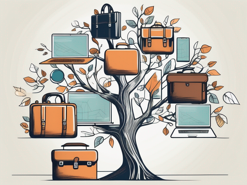 A flourishing tree with various business-related items such as briefcases