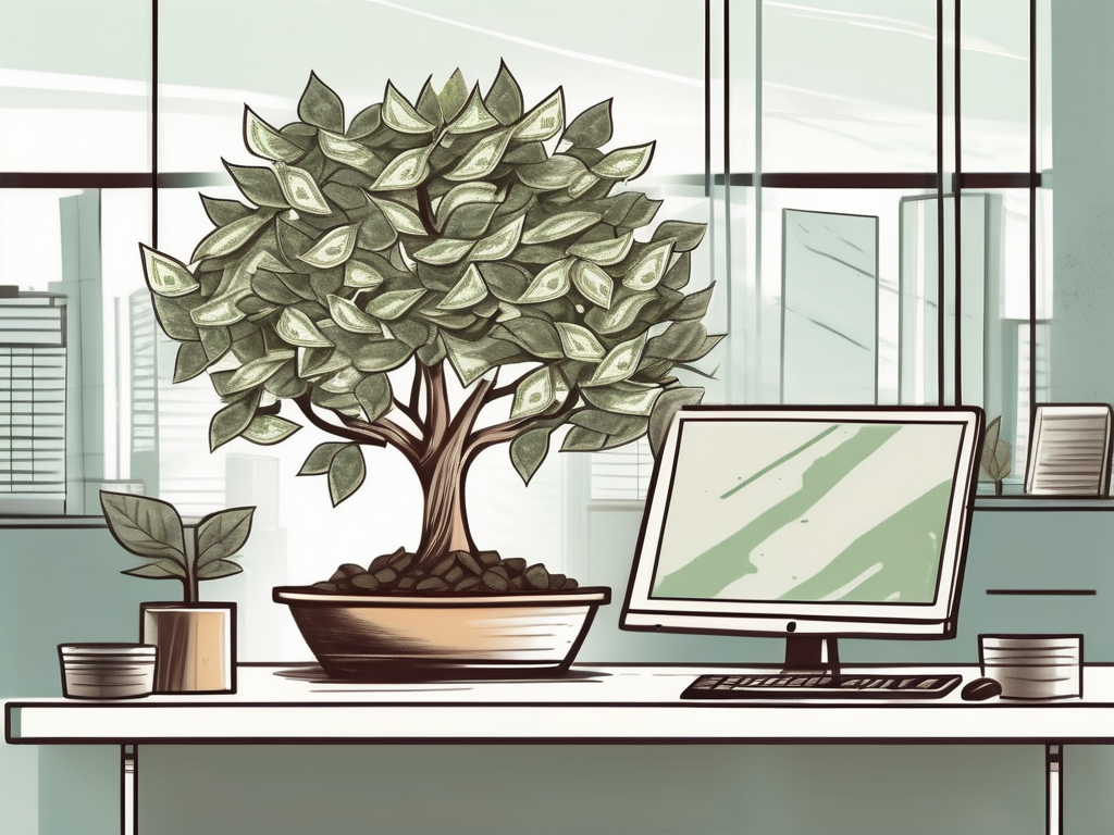 A growing money tree in a business office environment to symbolize increasing business income