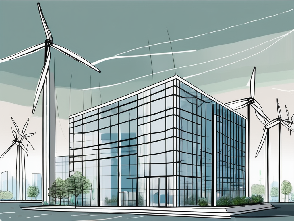 A modern office building with solar panels on the roof and wind turbines in the background