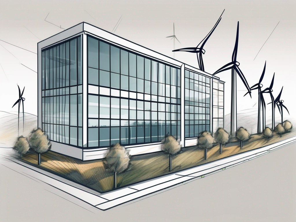 A modern office building with renewable energy sources like solar panels and wind turbines