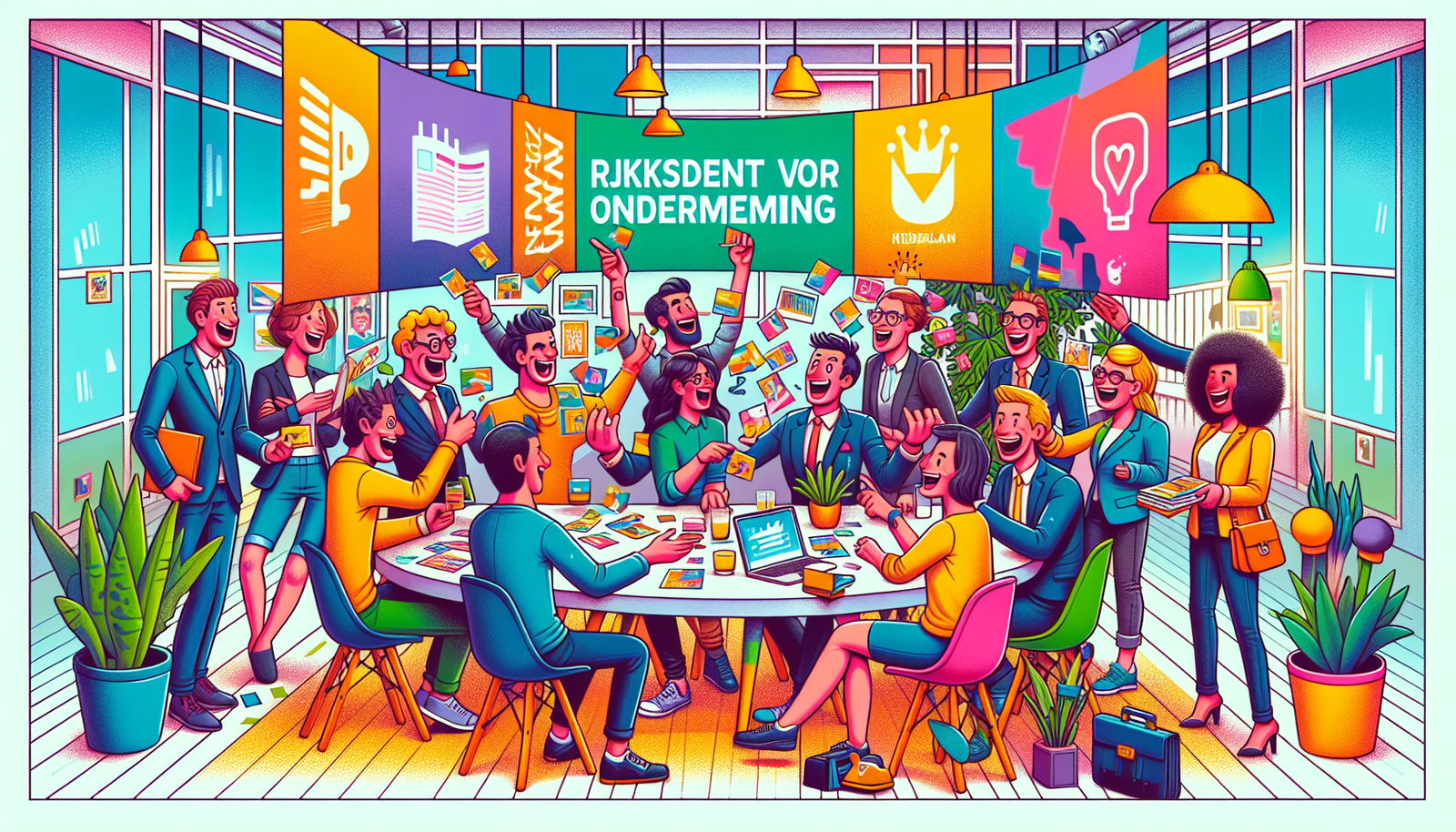 Een cartoon van ondernemers die netwerken en samenwerken met de RVO.