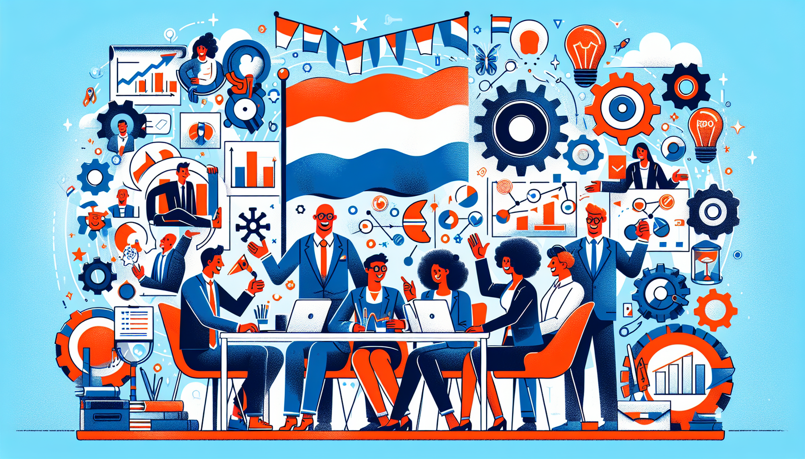 Een illustratie van de Rijksdienst voor Ondernemend Nederland die ondersteuning biedt aan ondernemers.